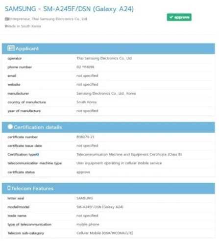 三星 Galaxy A24 中端手机距离上市又进一步，通过泰国 NBTC 认证
