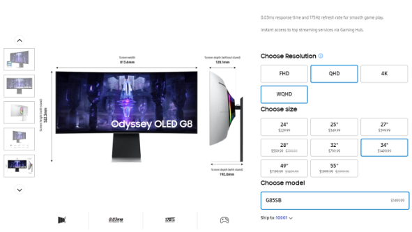 三星 Odyssey OLED G8 显示器美国开售：34 英寸 175Hz 曲面屏，售价 1499.99 美元