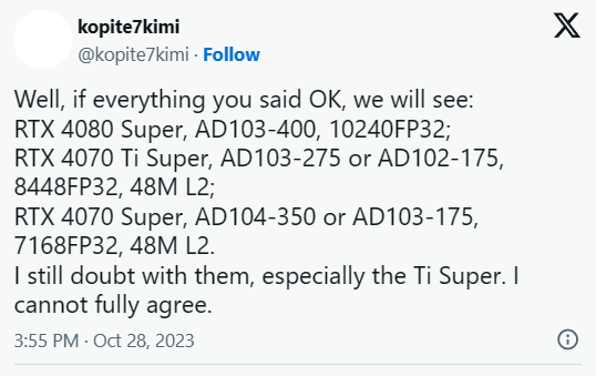 RTX 40 SUPER系列卡型号及规格首次曝光