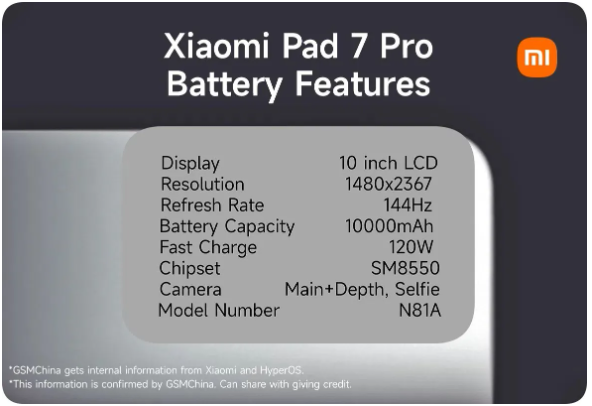 小米平板7 Pro规格曝光：10000mAh大电池+120W快充，性能再升级