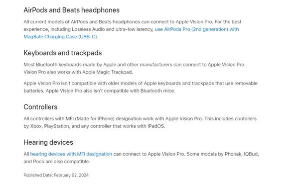 Vision Pro头显上市，苹果公布兼容蓝牙设备清单