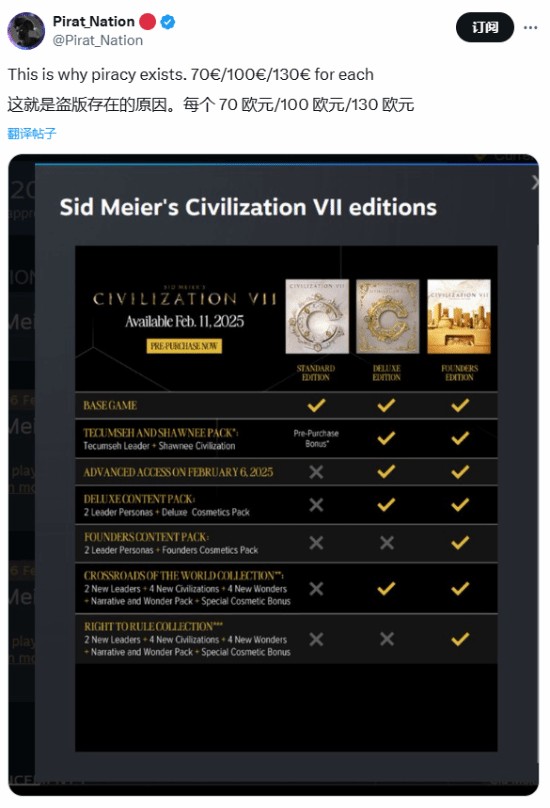 博主吐槽文明7售价太过高这就是为什么盗版会存在的原因